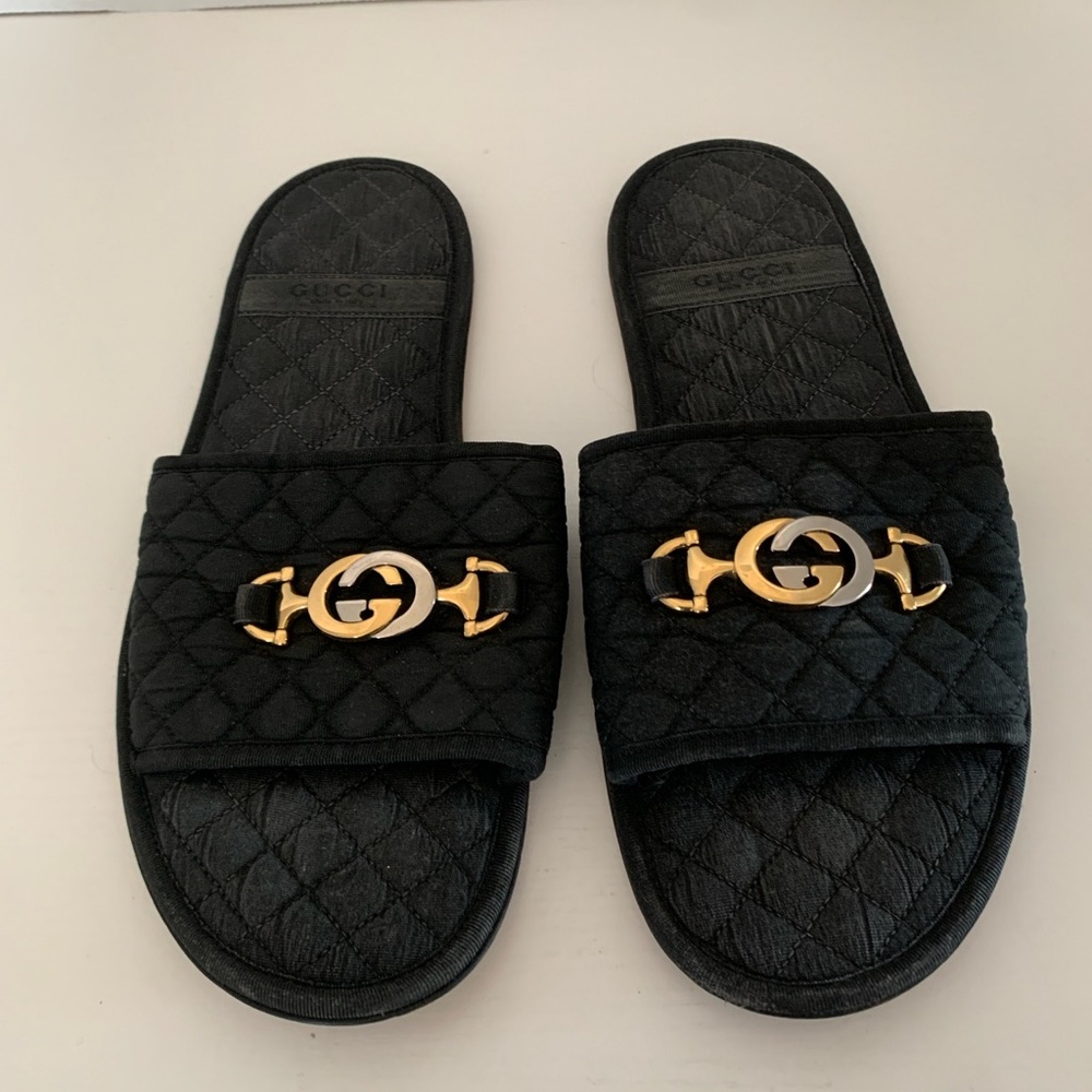 Gucci Quilted Black Slides with Gold & Silver Emblem